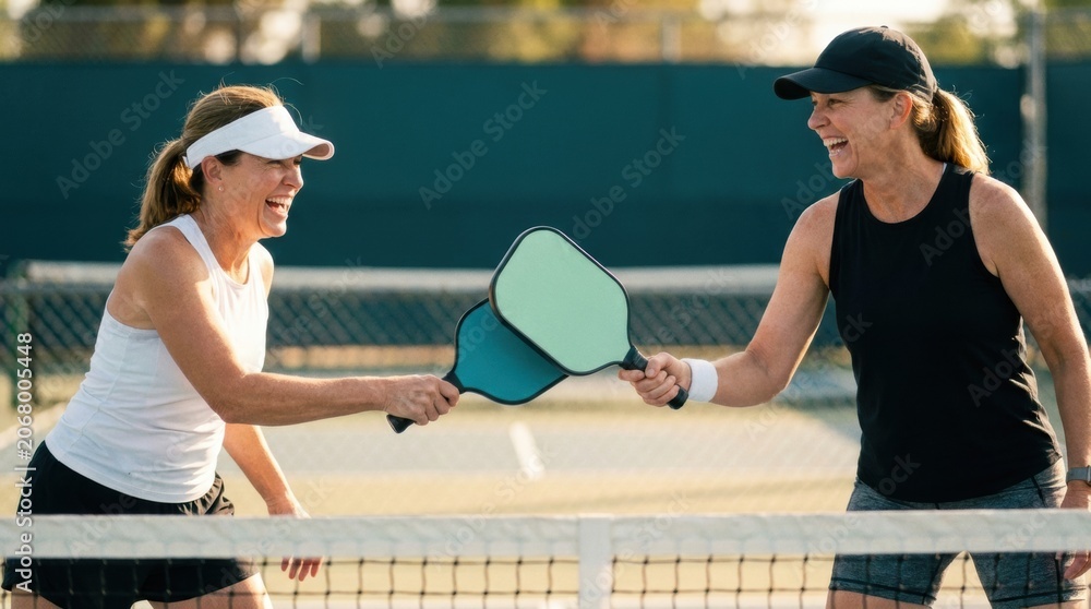Two smiling pickleball players tapping paddles at the net